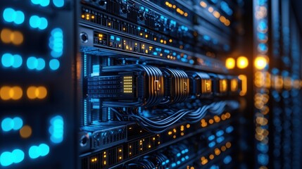 Obraz premium High-Resolution Image of Server Rack with Colorful LED Lights and Interconnected Cables Used in Data Center Technology and Network Infrastructure