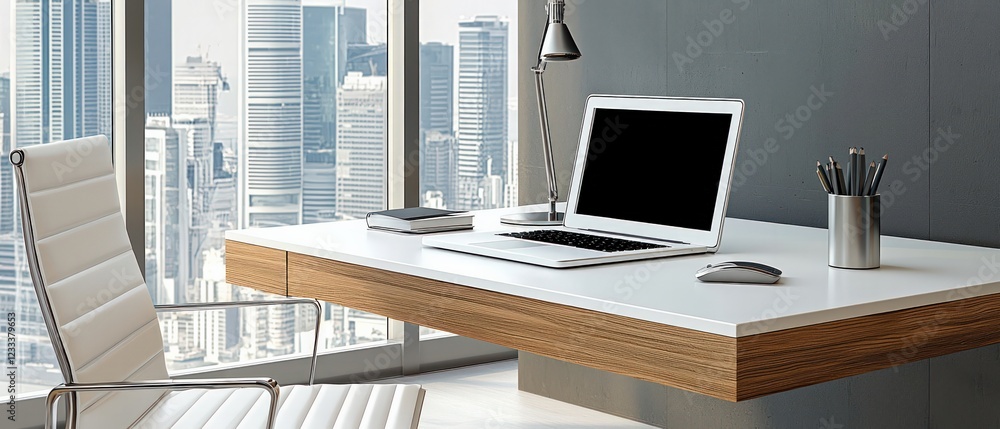 Poster modern office workspace with a minimalist desk and city view through a large window