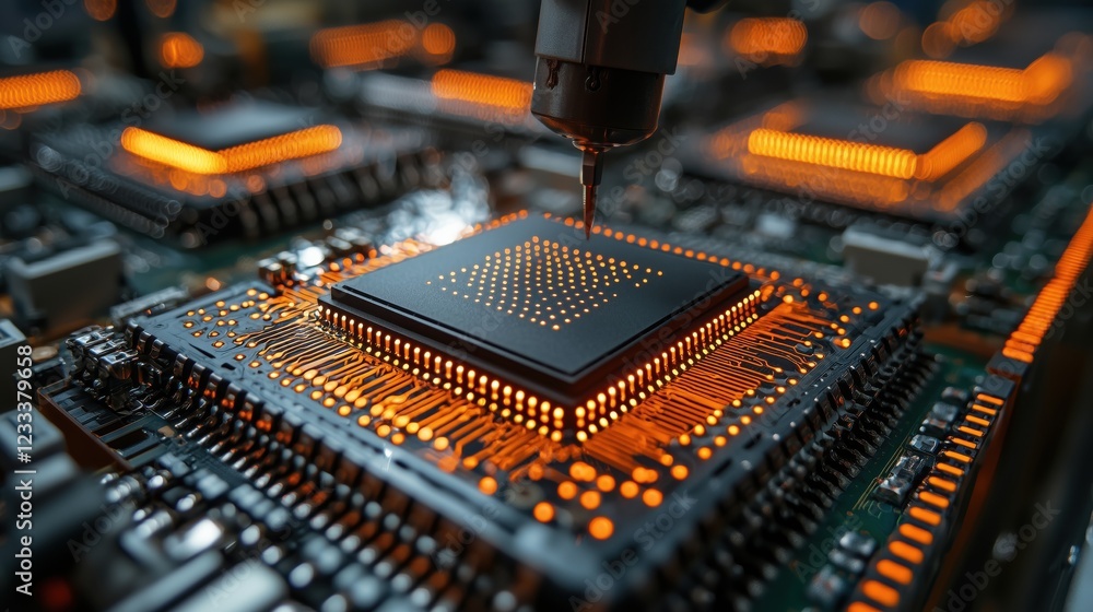 Poster close-up view of a microprocessor with orange lights on a circuit board in a high-tech laboratory en