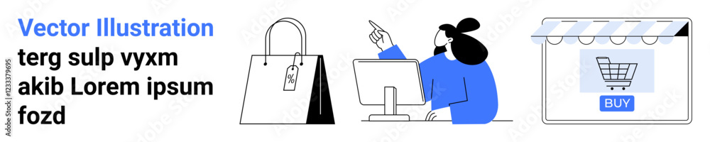 Poster shopper pointing at computer screen, shopping bag with tag, and online storefront with cart button. 