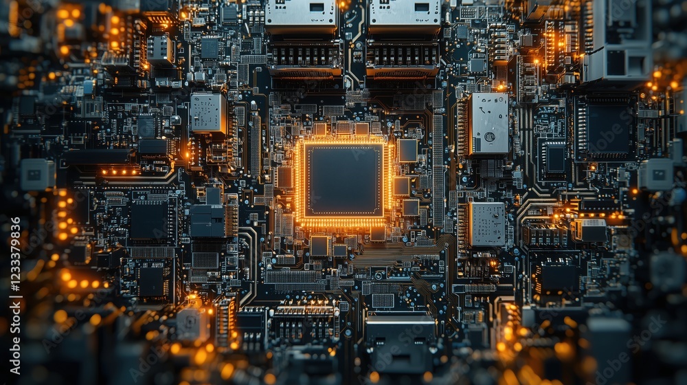 Poster close-up view of a high-tech computer circuit board with illuminated microchip and complex electroni