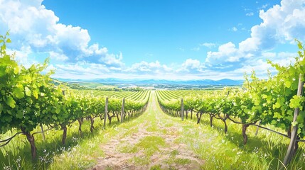 Obraz premium Vibrant Vineyard Landscape with Lush Green Vines and Rolling Hills under a Clear Blue Sky