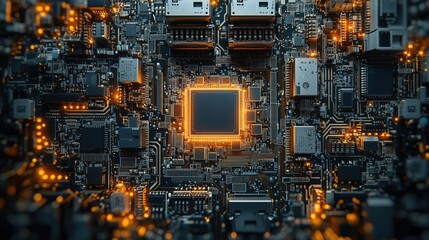 Close-up View of a High-Tech Computer Circuit Board with Illuminated Microchip and Complex Electronic Components