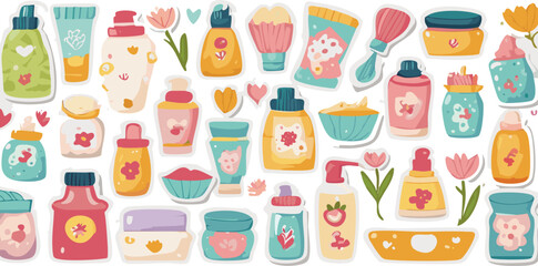Cosmetic products stickers set. Woman skincare and hygiene scrapbooking collection. Shampoo, sheet mask, spf spray, serum, brush and other beauty elements. Modern cartoon concept