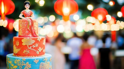 Elegant Asian-Inspired Cake at a Festive Night Celebration