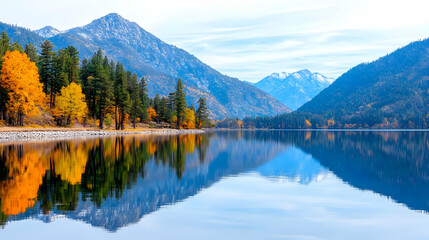 Fototapeta premium Autumn lake reflection, mountain vista, calm water, fall foliage