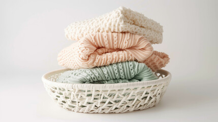 A cozy arrangement of neatly folded pastel-colored blankets in a white wicker basket, placed in a softly lit room with warm natural lighting