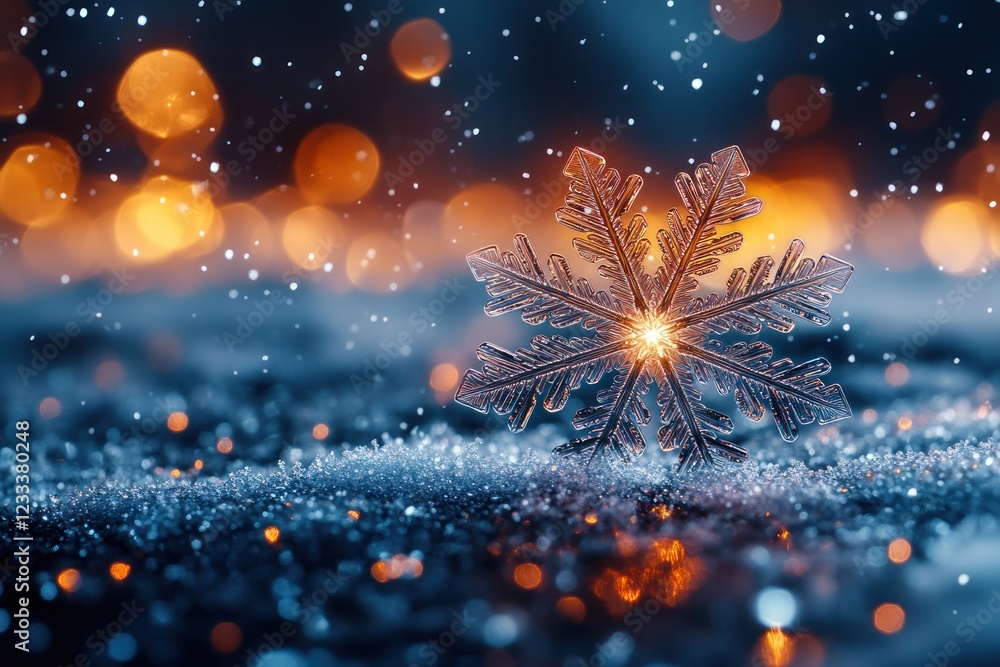 Poster sparkling snowflake on frosted surface with bokeh lights