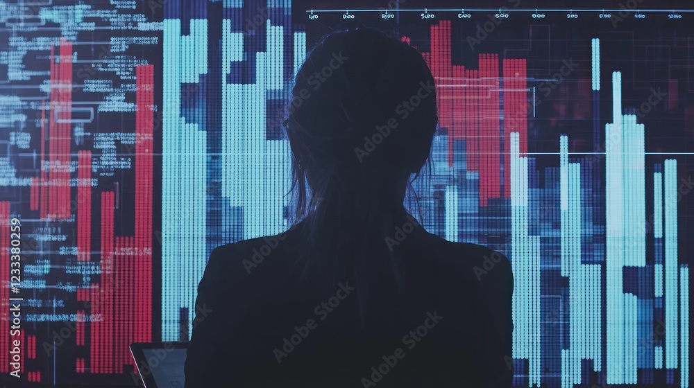 Poster woman analyzing data on a large screen displaying stock market charts and code