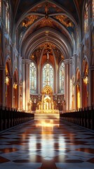 Fototapeta premium Sunlit cathedral interior, ornate details.