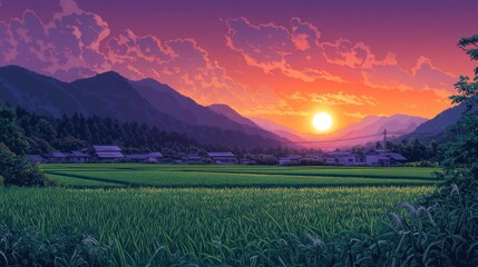 Obraz premium Sunset over rural Japanese village, rice paddies, mountains