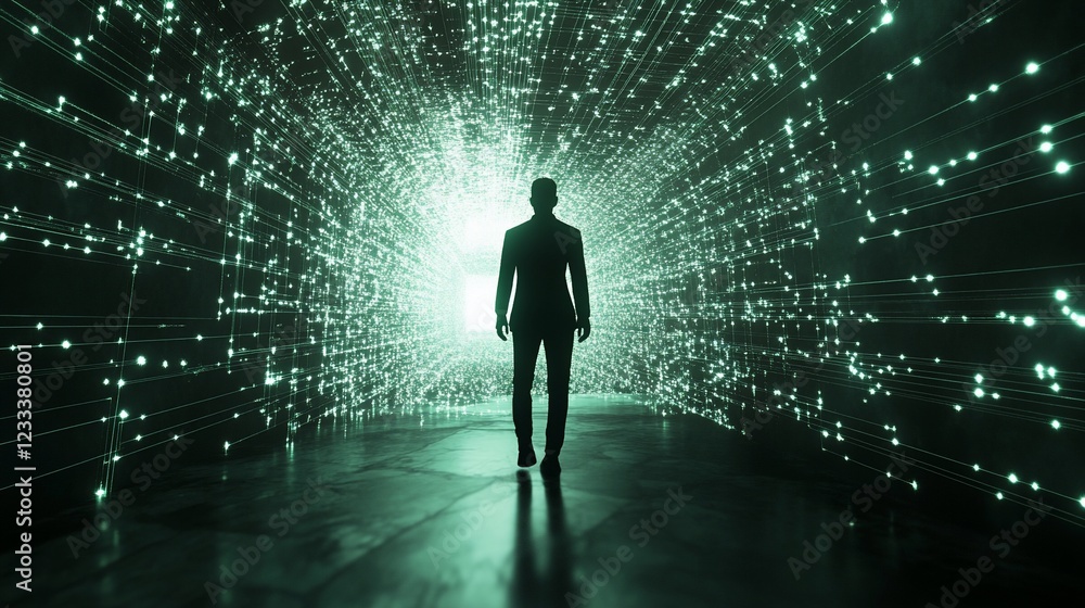 Aufkleber a person standing in a tunnel surrounded by digital, glowing lines of code or data