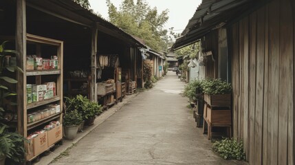 Serene market alley with wooden stalls displaying fresh produce and greenery in the background