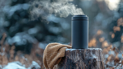 A steaming metal travel mug sitting atop a wooden stump, surrounded by a light dusting of snow