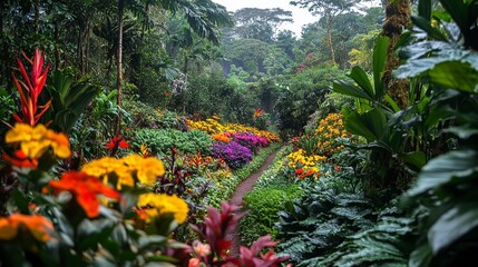 Lush Tropical Garden Path with Vibrant Flowers