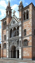 Fototapeta premium Ornate church facade, weathered brick