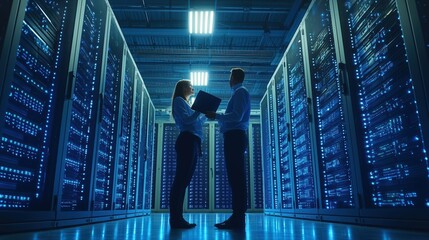 Professionals Analyzing Data Inside High-Tech Server Room with Bright Blue Lights and Server Racks Providing Advanced Technology Background