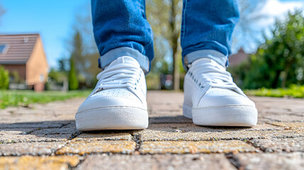 White sneakers on paved path, suburban background, spring day