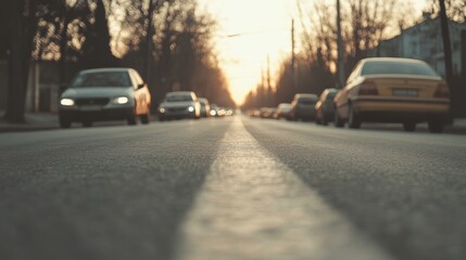 Sunset over a busy urban street with cars, trees lining the road, and a warm glow in the background