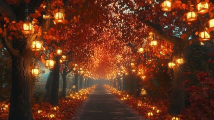 Naklejka premium Enchanting Autumn Lane Illuminated Path Through Crimson Trees