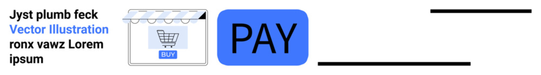 Shopping cart under striped awning next to bold PAY button. Ideal for e-commerce, online shopping, payment systems, digital checkout, retail, fintech solutions, flat landing page banner