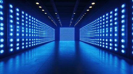 Fototapeta premium Blue LED Corridor, Futuristic, Event Space, Dark, Display