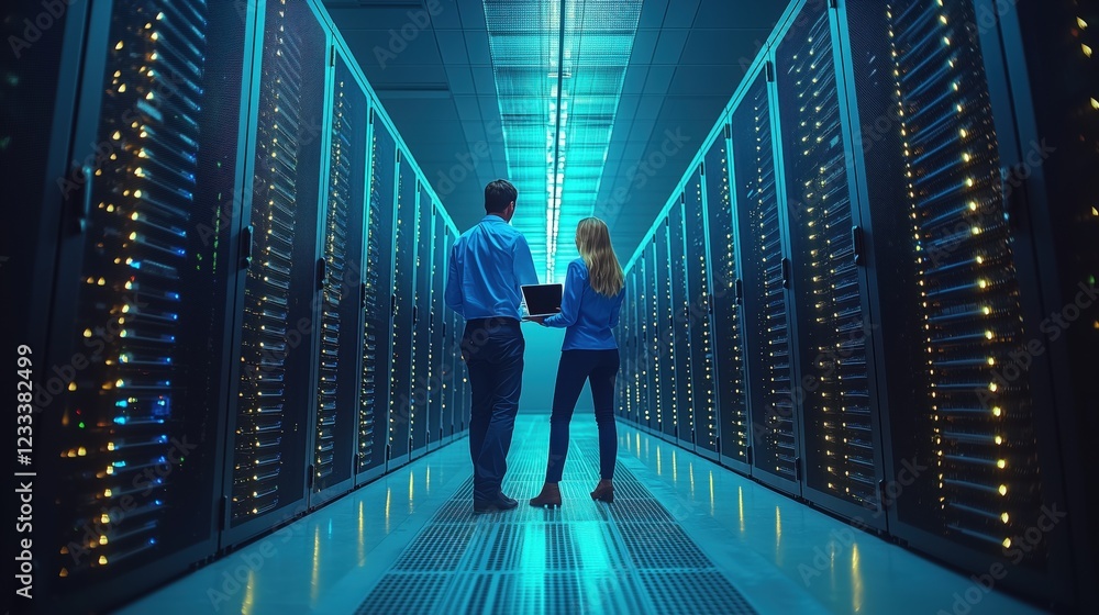Poster professionals collaborate in data center environment with server racks and monitors, focusing on tec