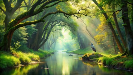 Obraz premium A serene forest landscape with oak trees standing tall behind a gentle stream and a bird perched on a branch, surrounded by lush greenery , serenity, bird's nest