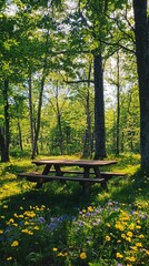 Naklejka premium Serene Picnic Table in Sun-Dappled Forest