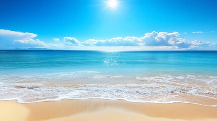 Fototapeta premium Idyllic beach scene with clear turquoise water, soft white sand, and a bright blue sky above and fluffy clouds