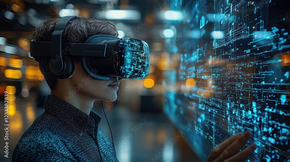Poster young person exploring virtual reality technology with immersive headset in a futuristic environment