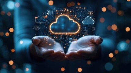 Hands Holding Cloud Technology Illustration with Digital Icons Representing Online Storage, Data Management, and Connectivity