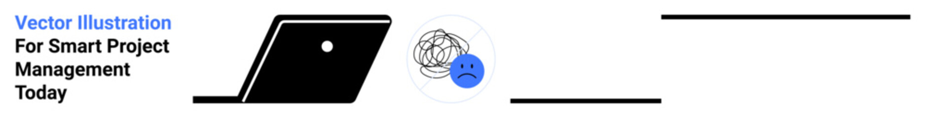 Laptop beside tangled mess and sad face signifies problem-solving through efficient tools. Ideal for business, productivity, frustration management, workflow improvement, innovation, stress