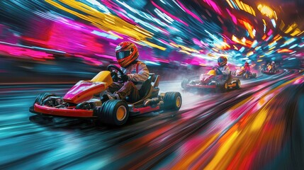 Obraz premium Night Karting Race: Speed, Lights, and Urban Blur. Adrenaline-pumping motorsport action in a vibrant city setting. Thrilling competition and dynamic energy!