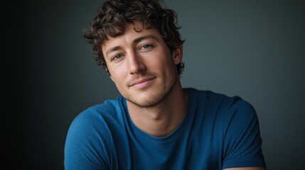 Fototapeta premium Young man smiling warmly, soft light enhancing his cheerful expression, minimal background.