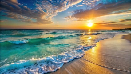 Fototapeta premium Softly glowing sun sets behind crystal clear turquoise ocean waves on a pristine white sandy beach at dusk , landscape