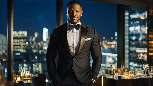 Elegant man in tuxedo poses confidently in a luxurious restaurant overlooking a city skyline at night