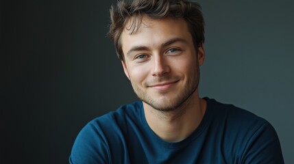 Obraz premium Young man smiling warmly, soft light enhancing his cheerful expression, minimal background.