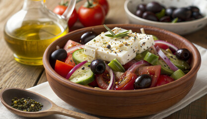 Greek salad with feta cheese and olives in a wooden bowl