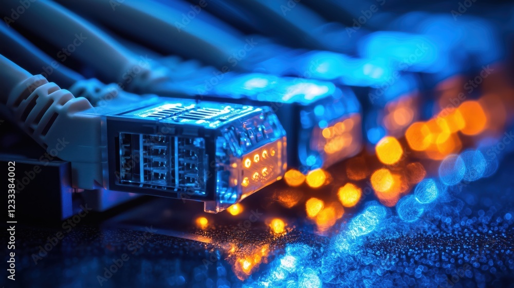Poster close-up view of network cables with illuminated connectors in blue and orange background displaying