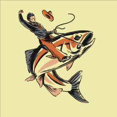 A man is riding a fish. The man is wearing a cowboy hat and a black shirt. The fish is large and is being ridden by the man