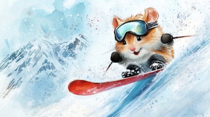 Naklejka premium Happy cute hamster skiing in mountain.