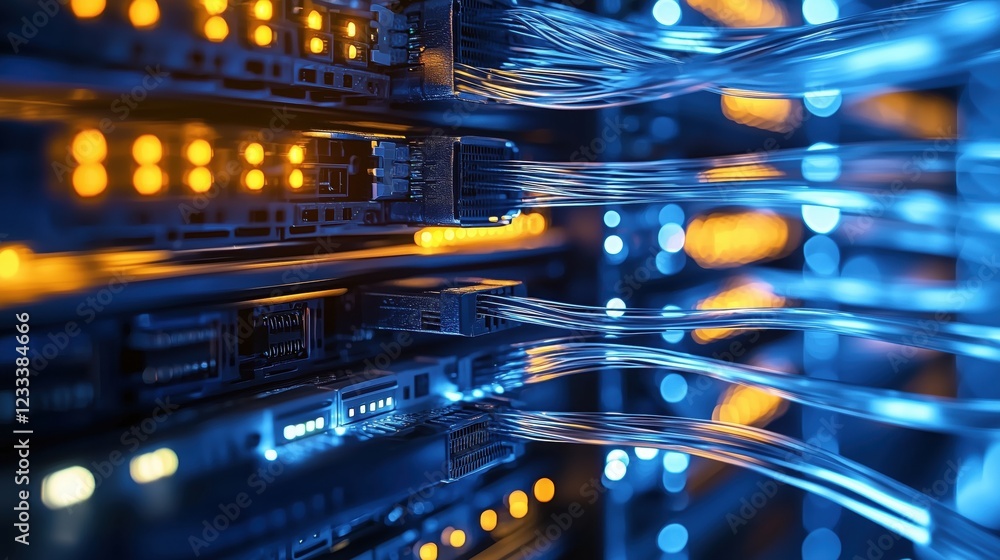 Poster close-up view of illuminated network cables and server components in a data center with dramatic blu