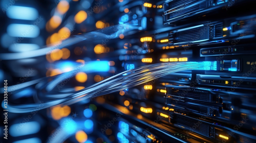 Poster advanced data center technology with fiber optic cables connecting server racks illuminated by blue 