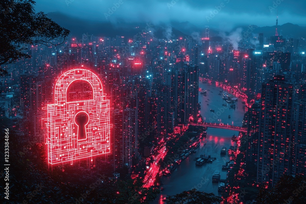 Poster a cityscape illuminated with a digital lock symbolizing cybersecurity.