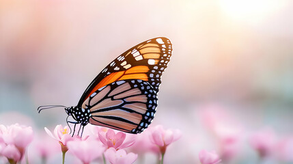 Monarch butterfly on pink flowers, sunny garden