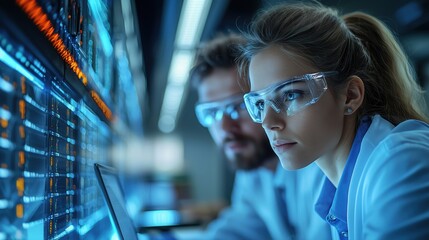 Young professionals analyzing data on computer screens in a modern tech environment with blue lighting and futuristic elements