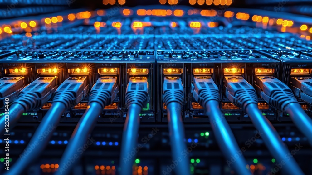 Poster close-up view of network switch with ethernet cables and illuminated ports in data center environmen