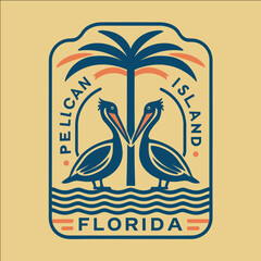 A blue and orange logo of two pelicans with a palm tree in the background
