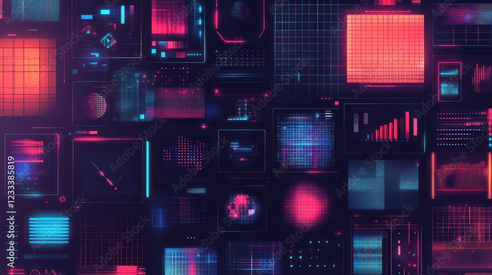 Poster futuristic digital interface displays data streams in a control room
